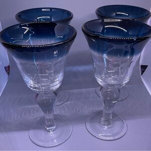 Mexican Margarita Glass Set of 4 Handmade Hand Blown Blue Rim NWOT